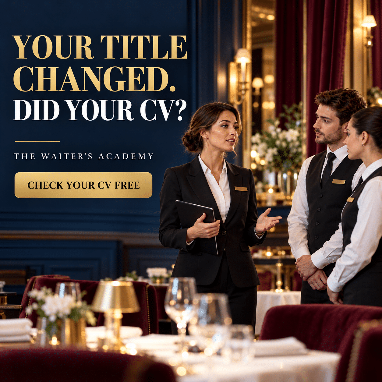 Restaurant manager speaking with hospitality team members in a fine dining restaurant.