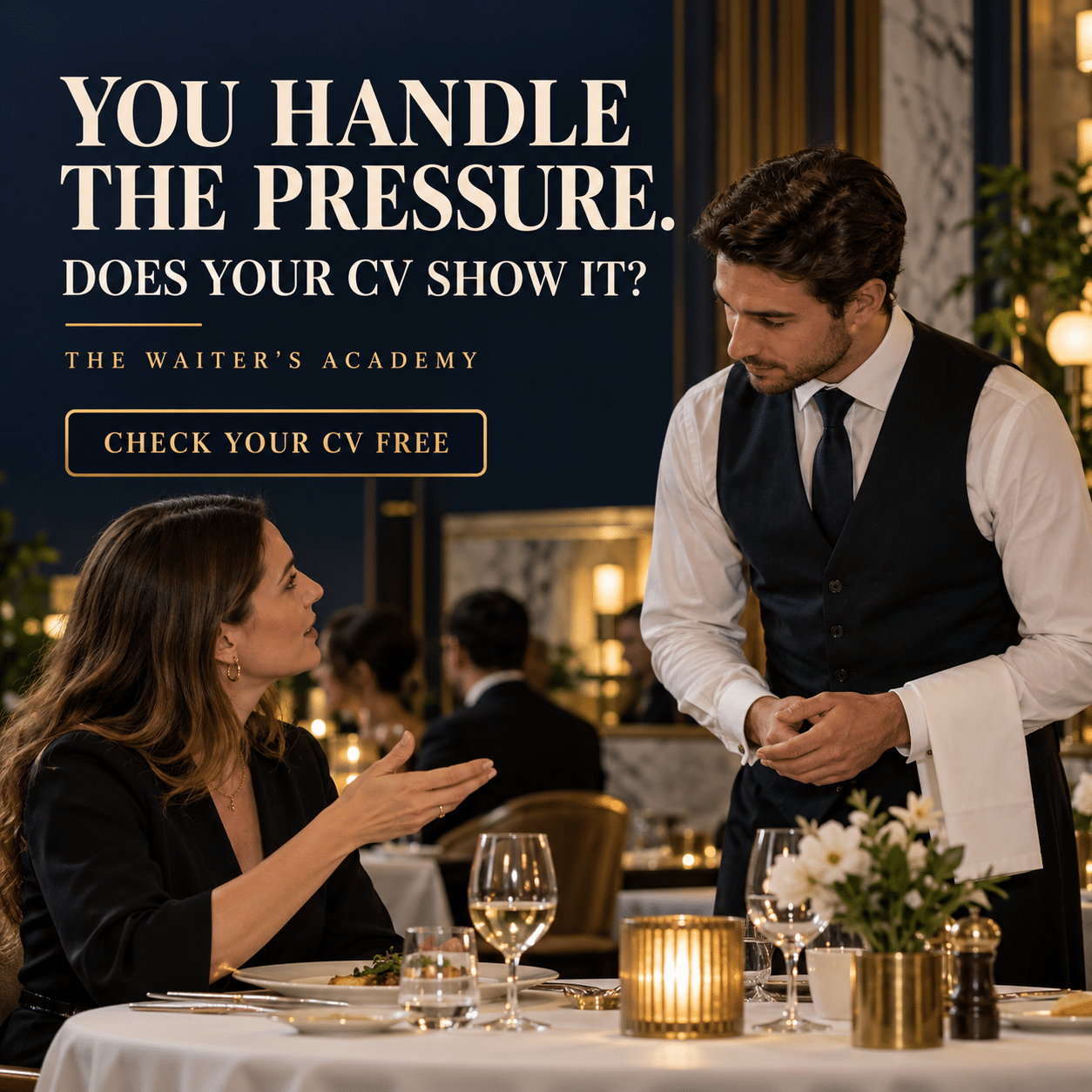 Fine dining waiter speaking with a guest in a restaurant, with the message: You handle the pressure. Does your CV show it?